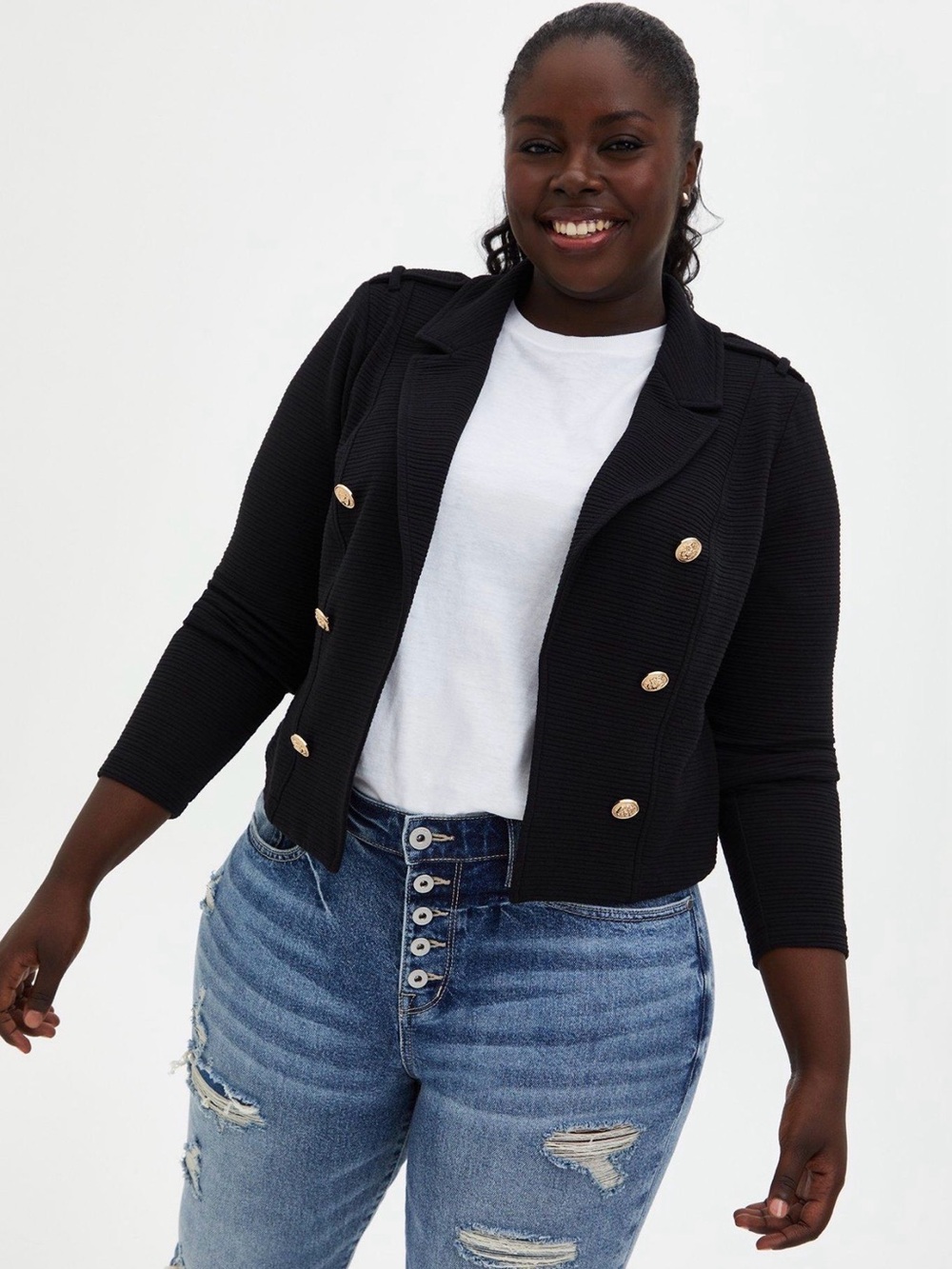 Torrid Black Textured Ponte Crop Military Jacket Gold Buttons Size 2 (18/20)